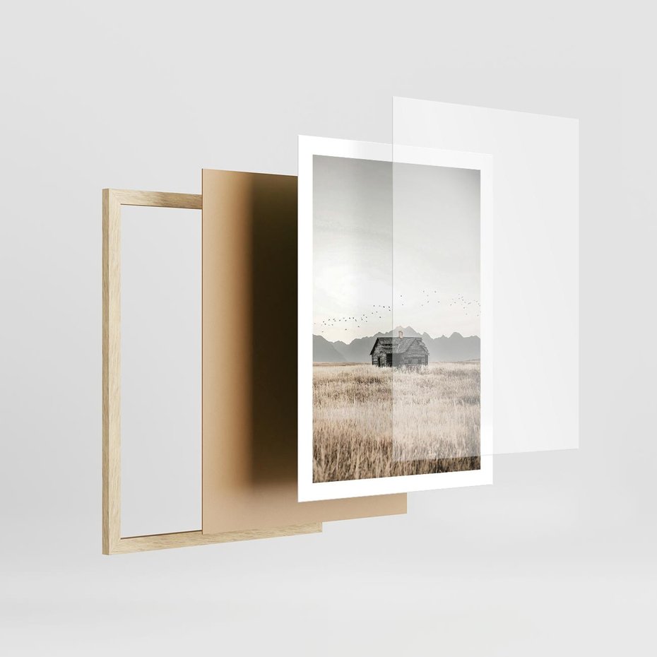 Plakat w ramie 50x70 - Wiejska Idylla - stary drewniany dom w polu suchej trawy, fotografia - rama drewno