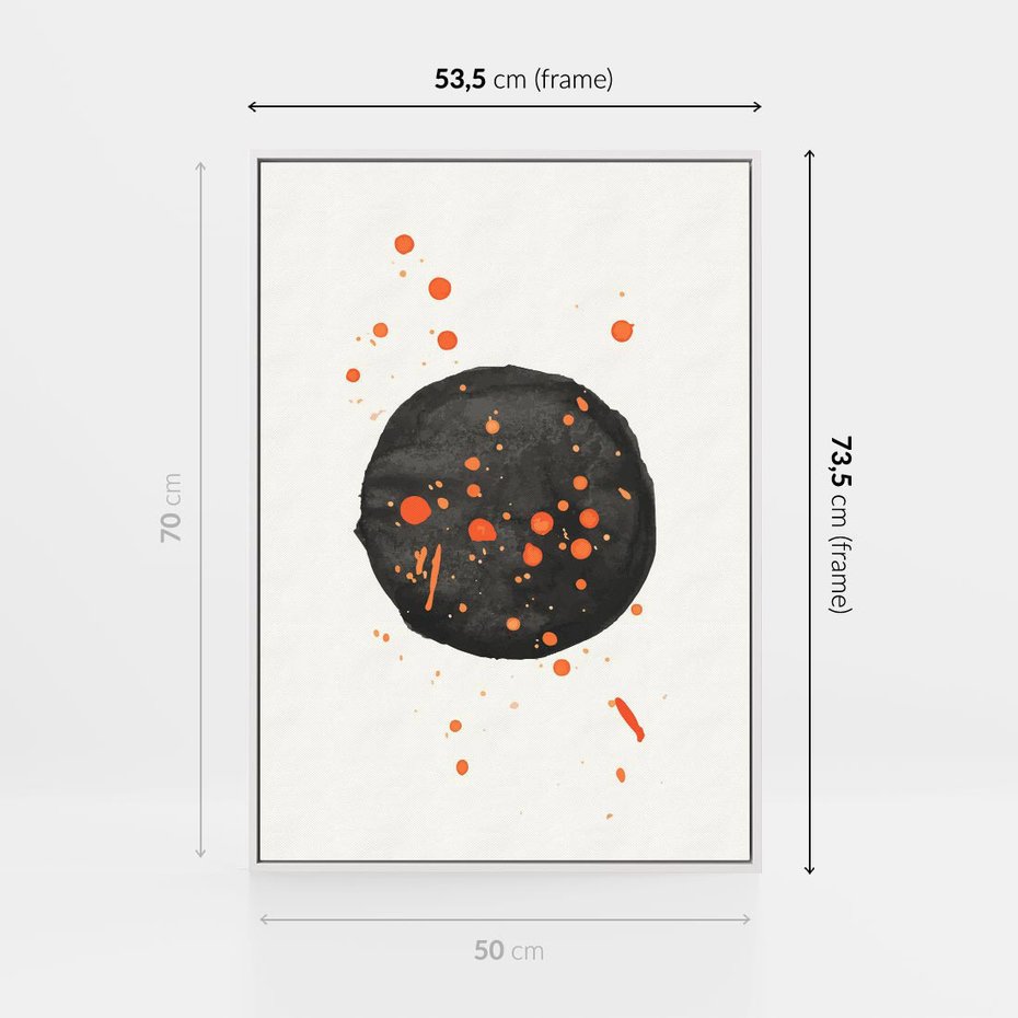 Obraz w ramie 50x70 - Impulsy Kreatywności - abstrakcyjna czarna plama, rozsiane pomarańczowe kropki - rama biała