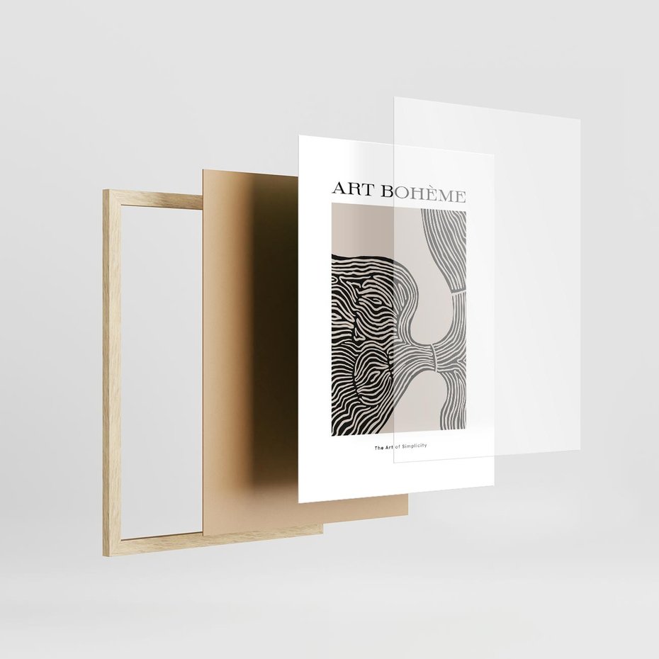 Plakat w ramie 30x40 - Wewnętrzne Zagadki Kształtów - sztuka minimalizmu, biało czarna rycina - rama drewno