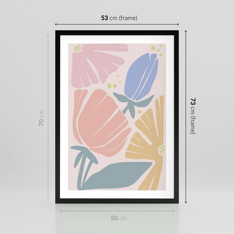 Plakat w ramie 50x70 - Rozkwitające Harmonie Natury - pastelowe kwiaty, na beżowym tle - rama czarna