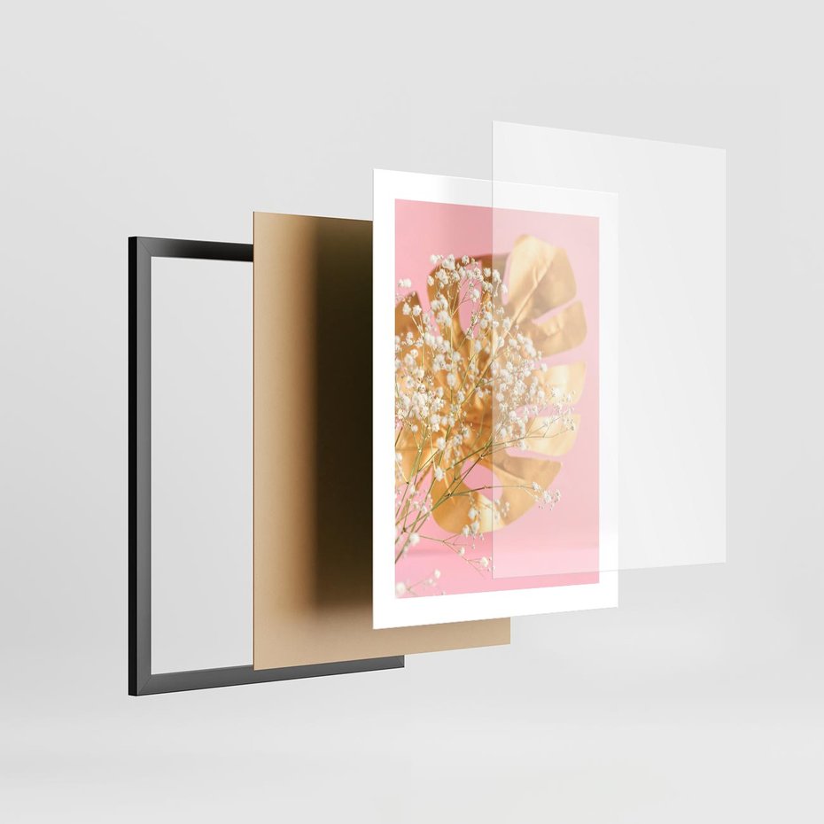 Plakat w ramie 30x40 - : Elegancja w Złocie - złote, liście - rama czarna