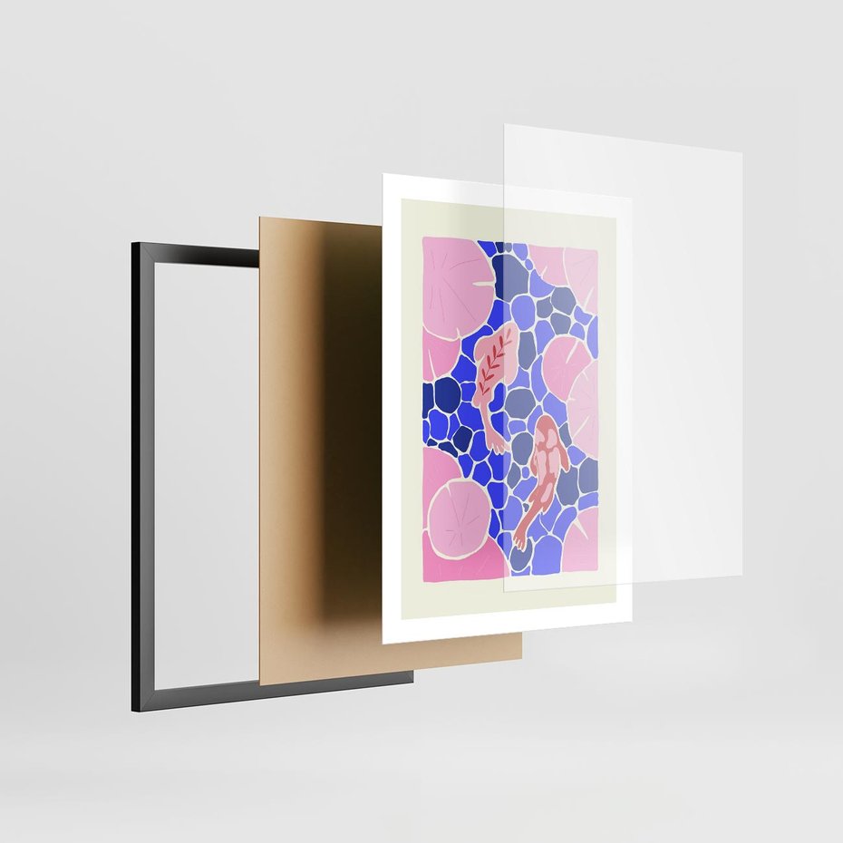 Plakat w ramie 50x70 - Rzeka Abstrakcji - abstrakcyjna kompozycja, różowe ryby wśród rafy - rama czarna