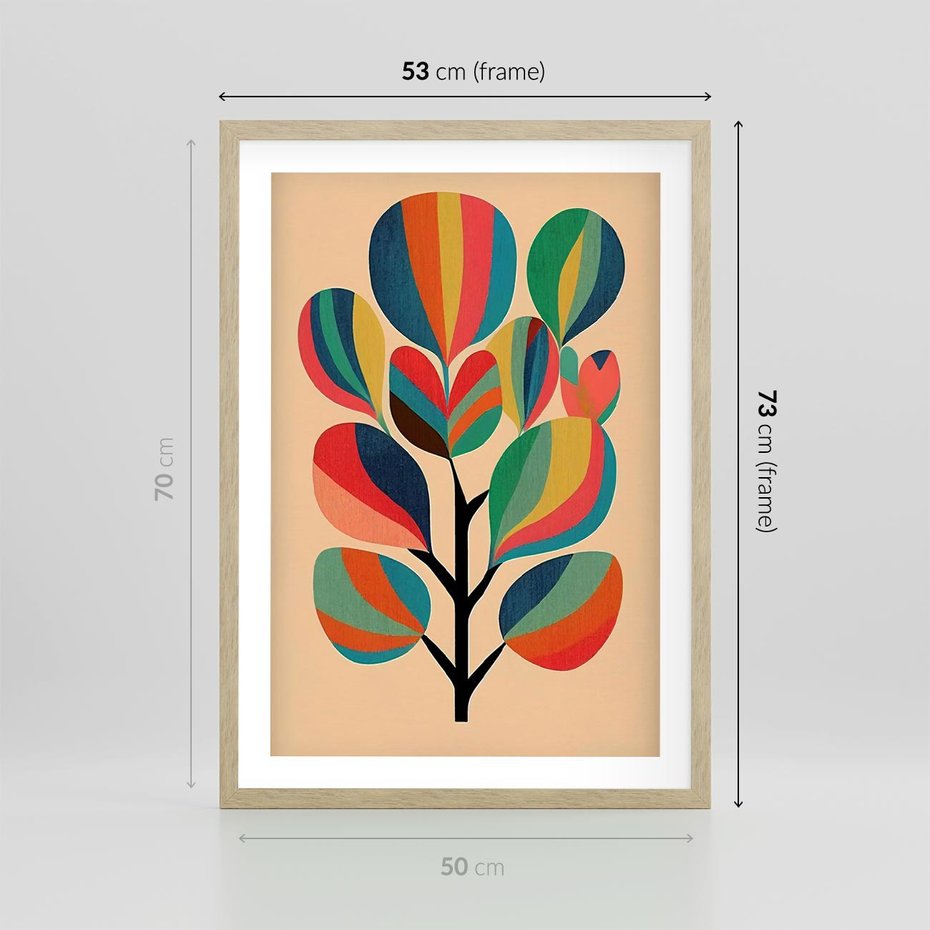 Plakat w ramie 50x70 - Harmonia Rozplątanych Form - abstrakcyjny kolorowy tęczowy obraz, inspiracje roślinne - rama drewno
