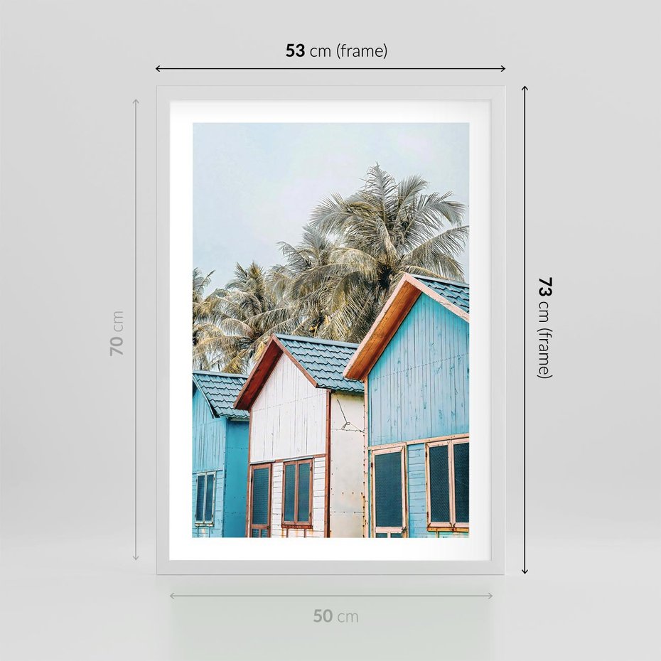 Plakat w ramie 50x70 - Rajskie Wakacje - domki na plaży, błękitne domki - rama biała