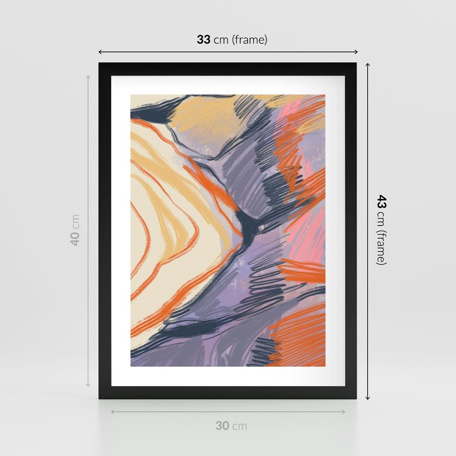 Plakat w ramie 30x40 - Pokreślony Świat - abstrakcyjne formy, odcienie pomarańczu i fioletu - rama czarna