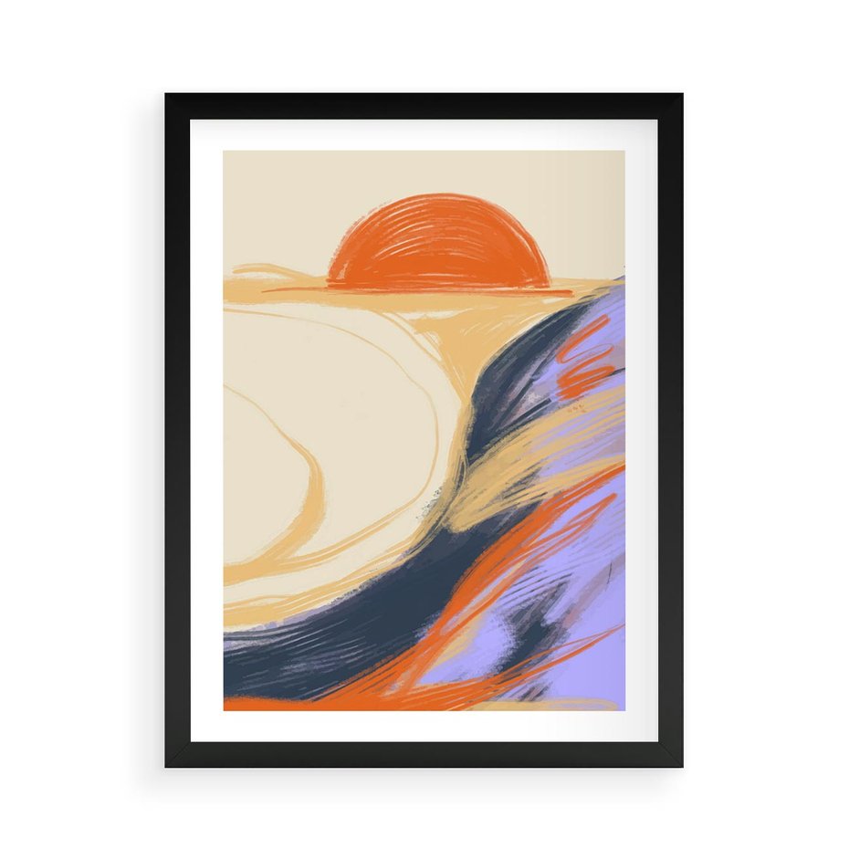 Plakat w ramie 50x70 - Pomarańczowy Horyzont - pastelowy krajobraz, nowoczesny plakat - rama czarna