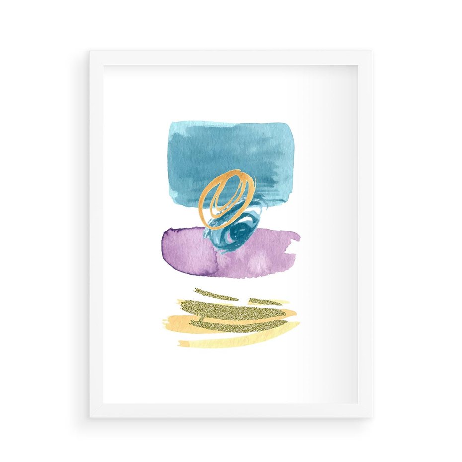 Plakat w ramie 50x70 - Taniec Akwarelowych Kresek - akwarelowe plamy w odcieniach błękitu, złote kreski - rama biała