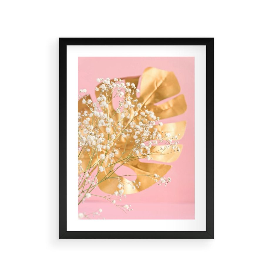 Plakat w ramie 30x40 - : Elegancja w Złocie - złote, liście - rama czarna