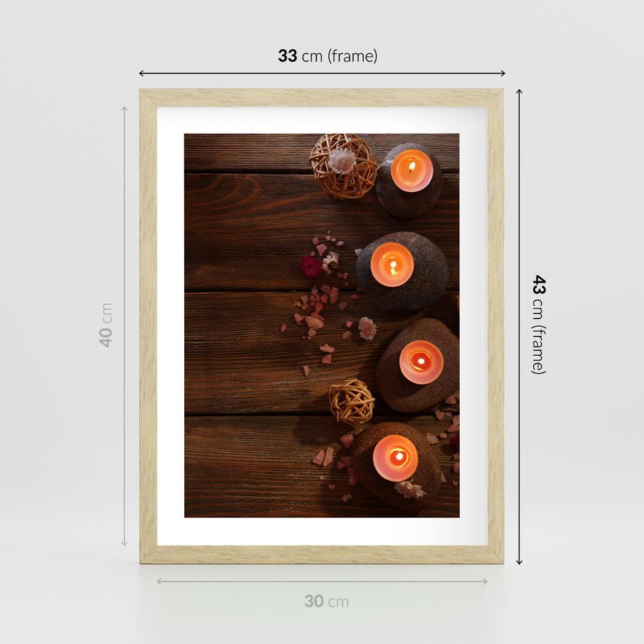 Plakat w ramie 30x40 - Relaksujące spa z pochodniami - spa, świece - rama drewno