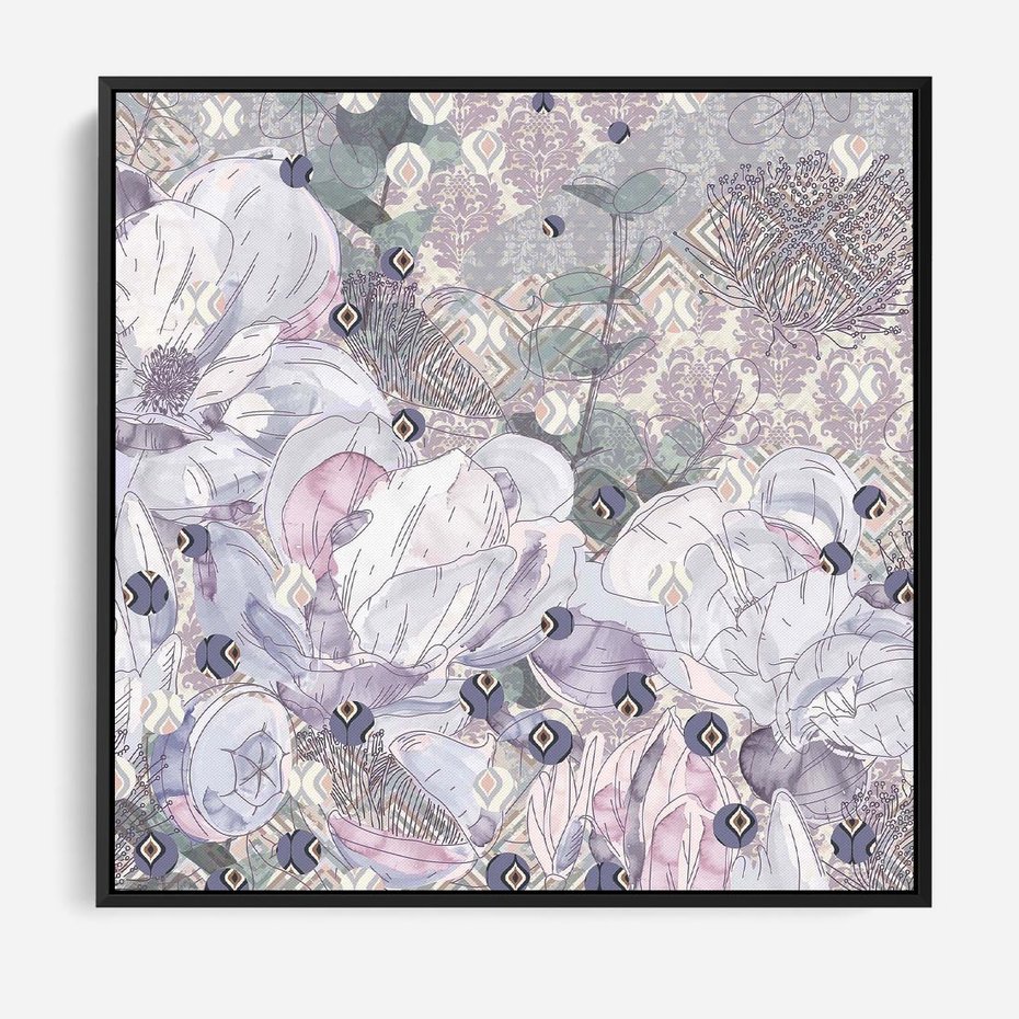 Obraz w ramie 50x50 - Malowane oddechy istnienia - pomieszane tekstury, kwiatowe elementy - rama czarna