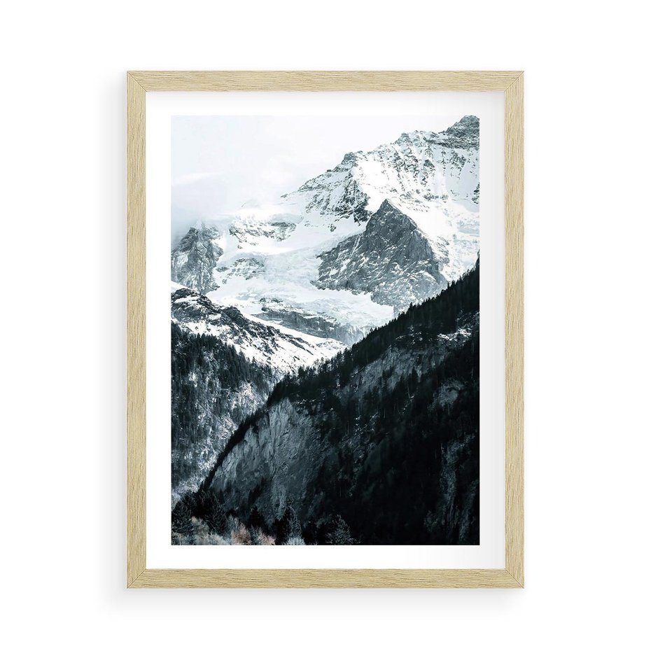 Plakat w ramie 50x70 - Góry w Zimowym Uścisku - góry, ośnieżone szczyty - rama drewno