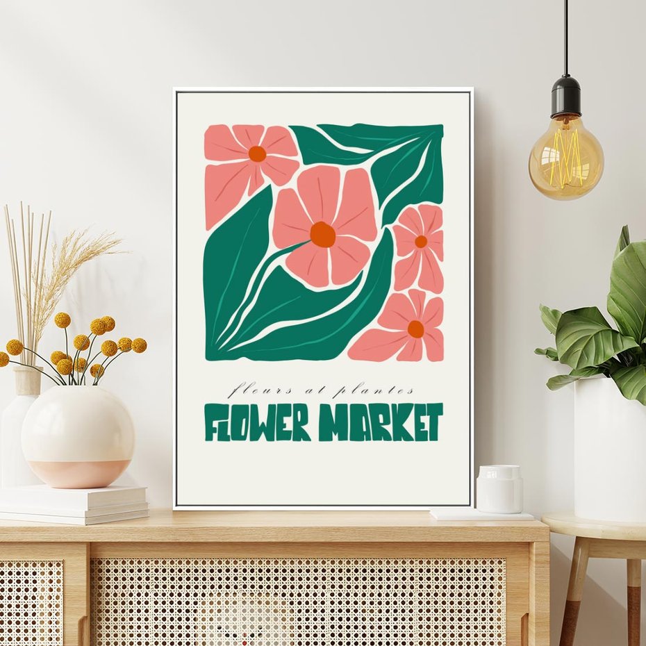 Obraz w ramie 80x120 - Retro Inspiracja - minimalistyczna kwiatowa kompozycja, pastelowe kolory - rama biała