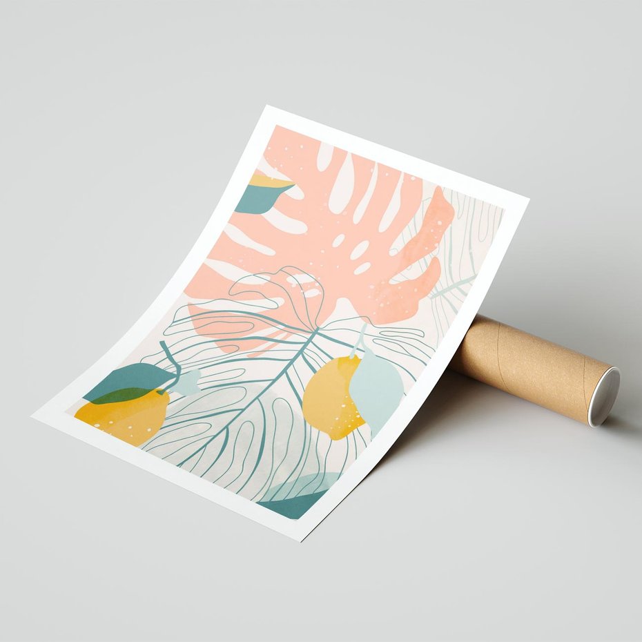 Plakat bez ramy 21x30 - Sztuka Natury: Liście Monstery w Pastelach - nowoczesna grafika, pastelowe liście monstery