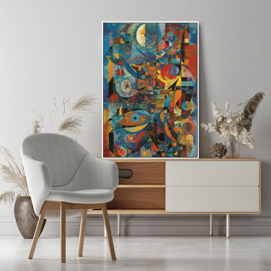 Obraz w ramie 70x100 - Migotliwe Przesunięcia Konturów - abstrakcyjny obraz, sztuka abstrakcji - rama biała