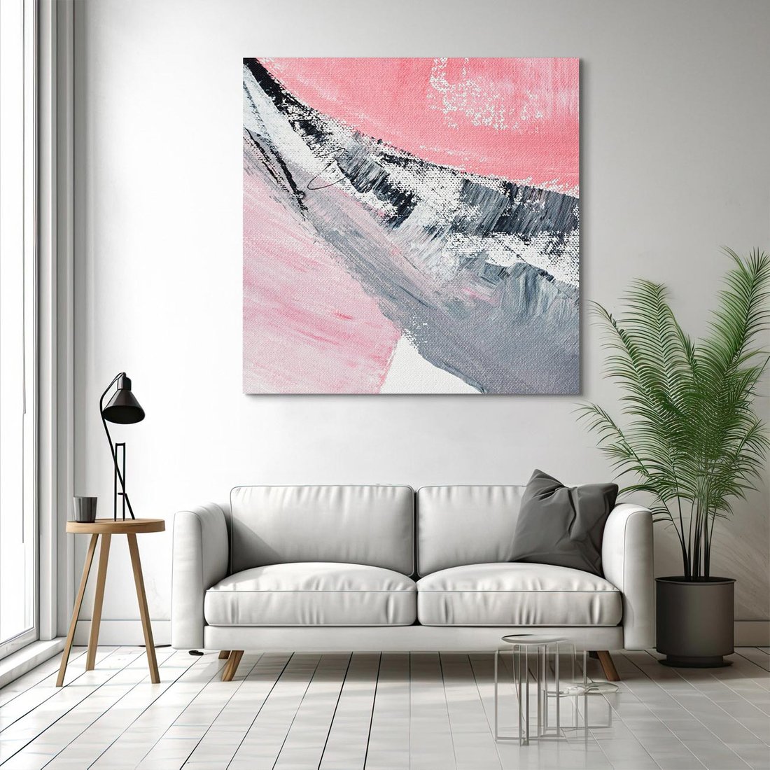Obraz na płótnie 70x70 - Kontrastujący Ruch Emocji - abstrakcyjne pasy farby, kolory róż szary czarny