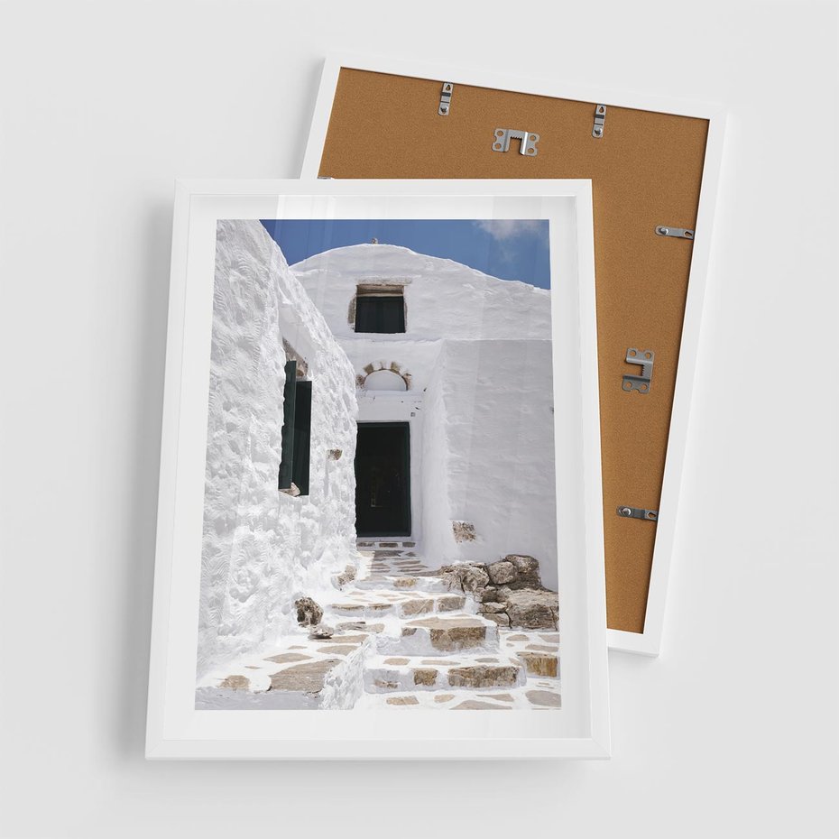 Plakat w ramie 50x70 - Santorini - Grecja błękitem malowana - Santorini, Grecja - rama biała