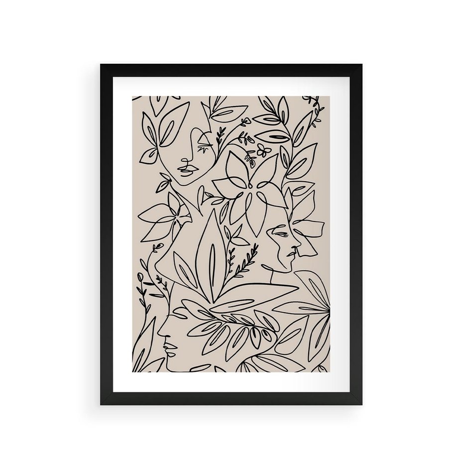 Plakat w ramie 30x40 - Kobiecy Portret Duszy - beżowe tło, czarny szkic nowoczesnych kwiatów - rama czarna