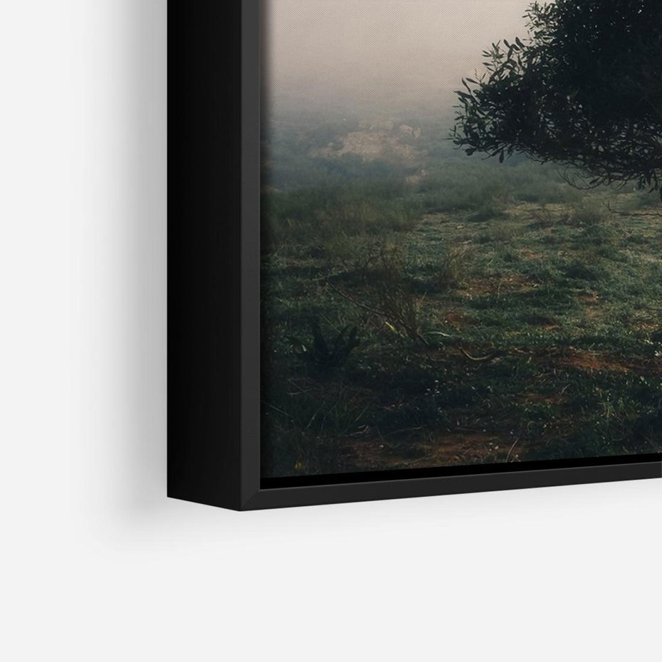 Obraz w ramie 70x50 - Zamglona Prostota - artystyczna fotografia, samotne drzewo na zamglonej łące - rama czarna