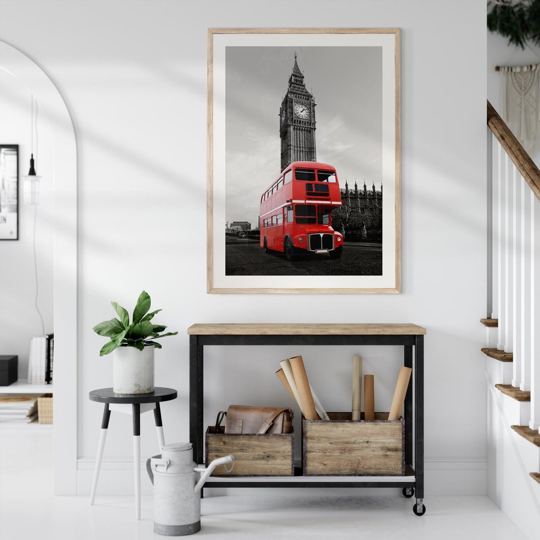 Plakat w ramie 50x70 - Autobusy w tętniącym życiem Londynie - Londyn, autobus - rama drewno