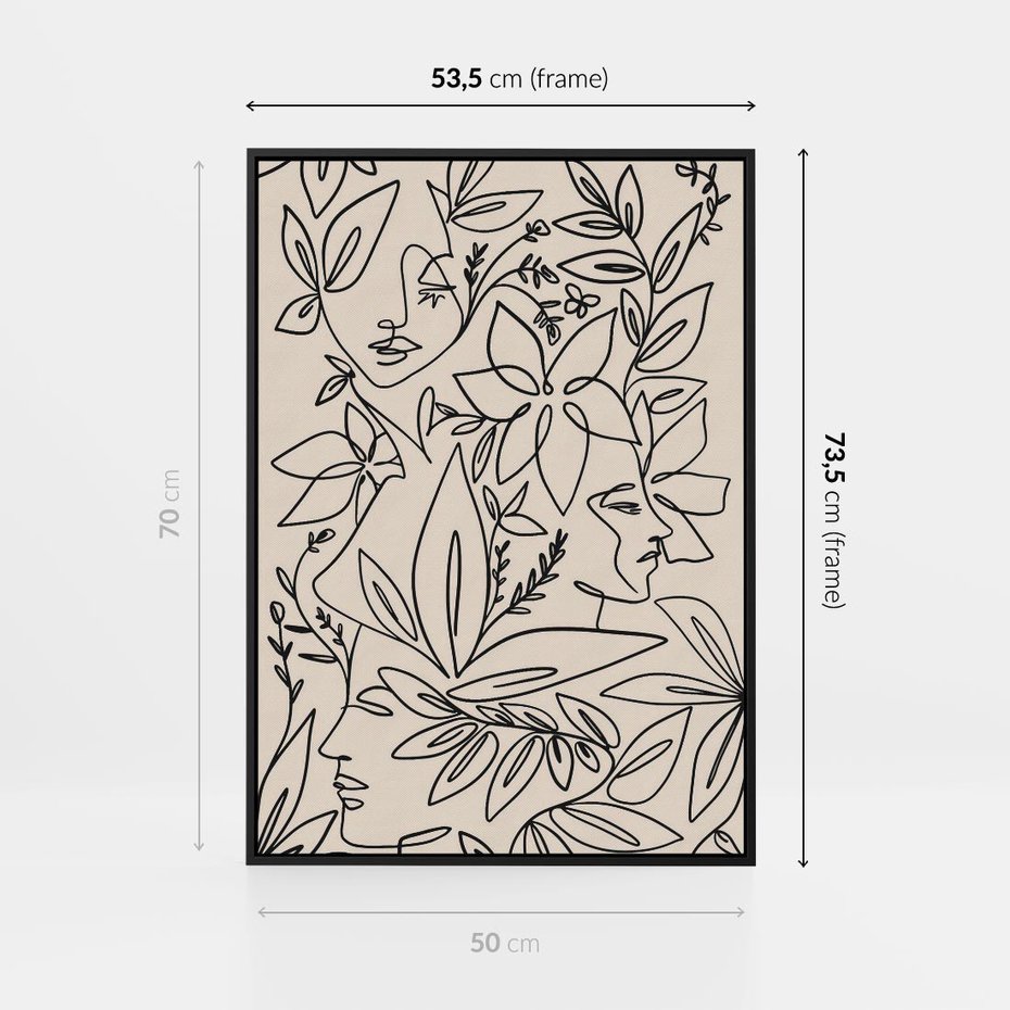 Obraz w ramie 50x70 - Kobiecy Portret Duszy - beżowe tło, czarny szkic nowoczesnych kwiatów - rama czarna