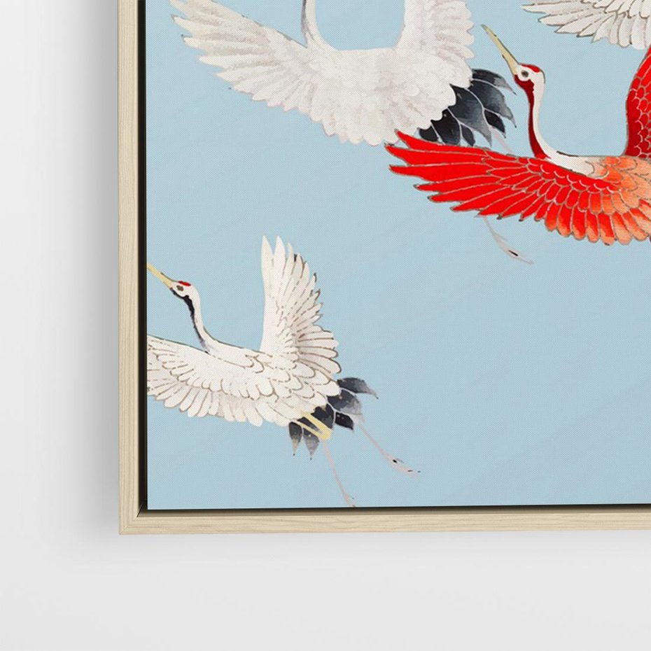 Obraz w ramie 70x50 - Eteryczne Żurawie - lecące żurawie, orientalna sztuka - rama drewno