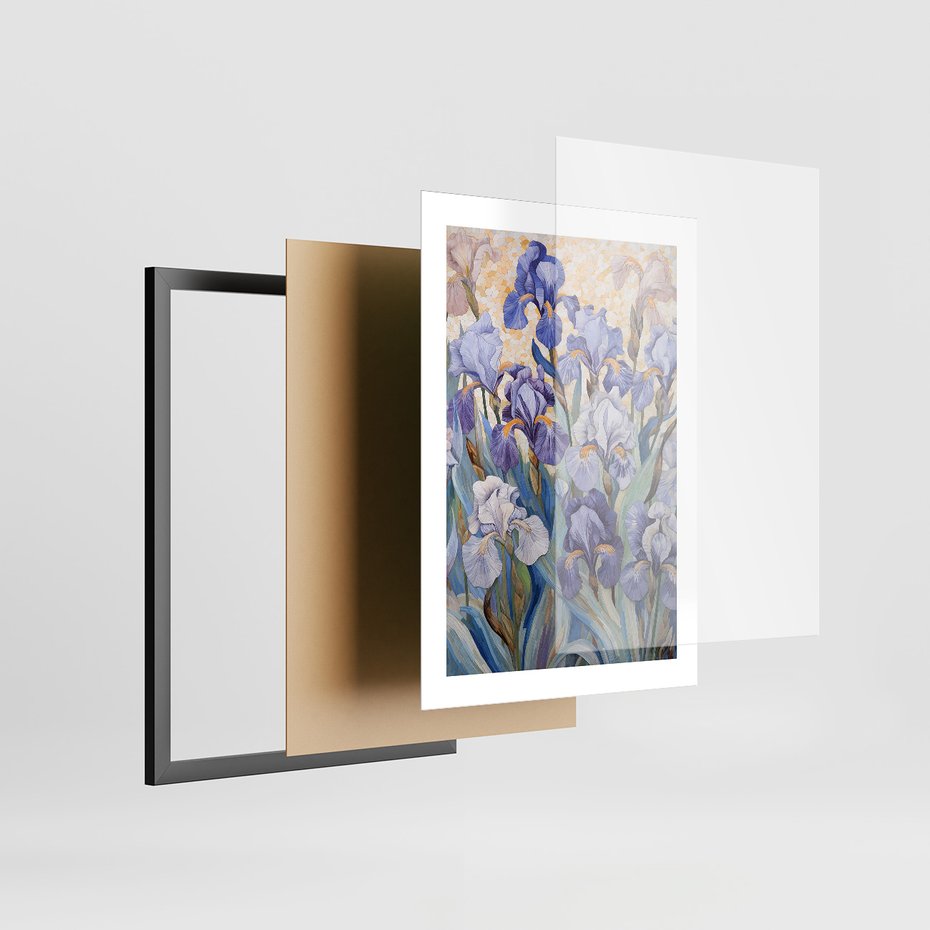 Zestaw obrazy w ramie 50x70 galeria - kwiaty, łąka, akwarela, irys, boho - rama czarna