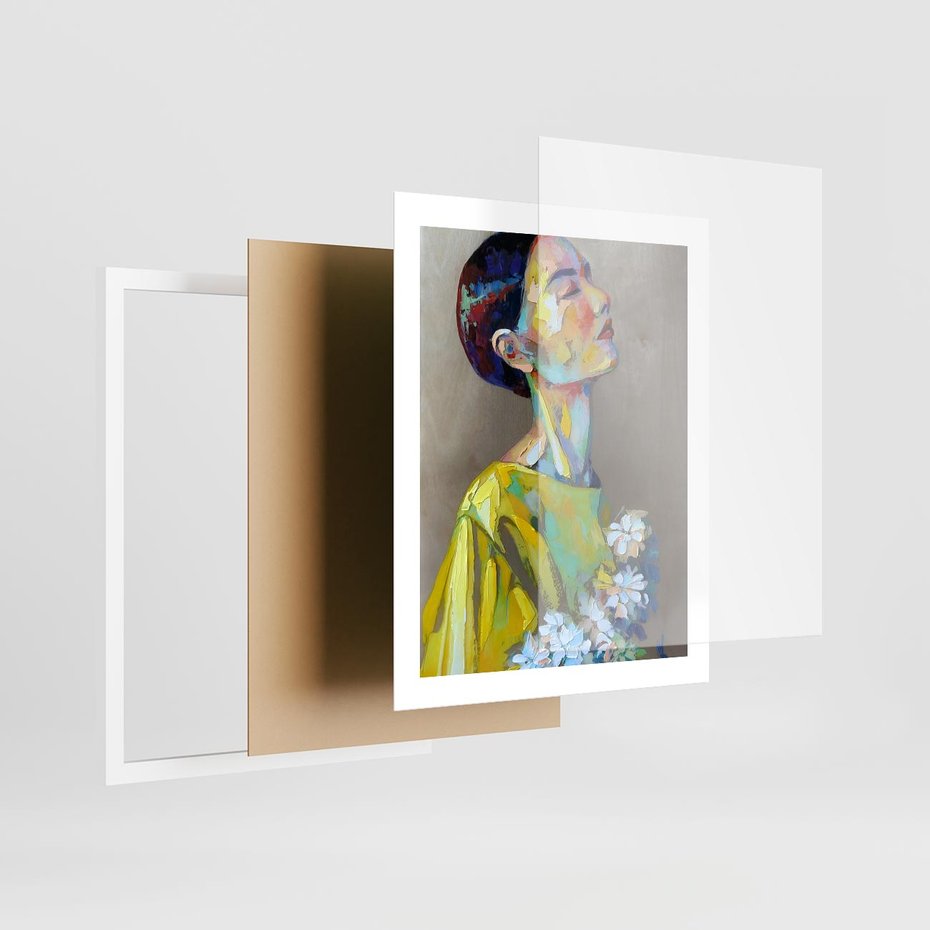 Plakat w ramie 40x50 - W Żółtej Sukience - olejny abstrakcyjny obraz, portret kobiety w żółtej sukience - rama biała