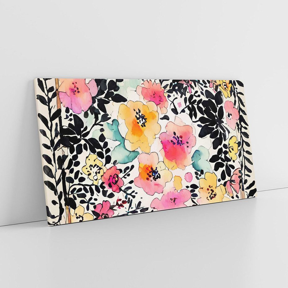 Obraz na płótnie 140x70 - Opowieść w kroplach farb - akwarelowe kwiaty, mocna ornamentowa czarna ramka namalowana dookoła obrazu