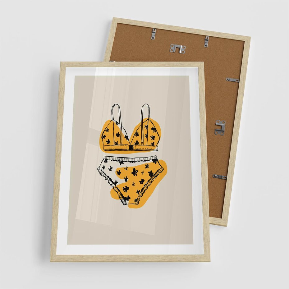 Plakat w ramie 50x70 - Minimalistyczny Szkic Bielizny - minimalistyczna grafika, szkic bielizny - rama drewno