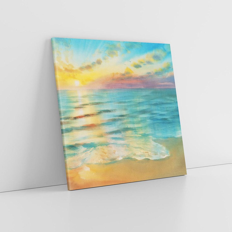 Obraz na płótnie 80x80 - Objawienie Fioletowego Świtu - fioletowy wschód słońca, słońce wschodzi nad morzem