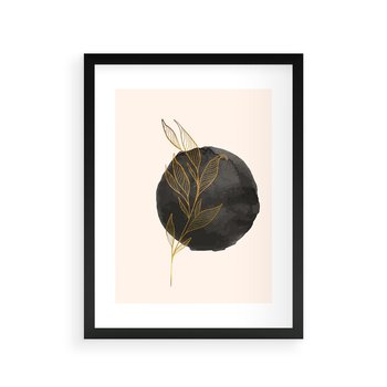 Plakat w ramie 40x50 - Złota Gałązka na Tle Akwarelowej Ciemności - złota gałązka, czarna plama akwarelowa w tle - rama czarna