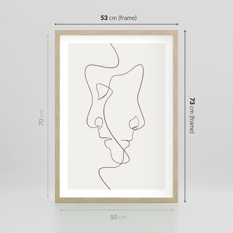 Plakat w ramie 50x70 - Jedna Linia, Dwie Twarze - minimalistyczny plakat, dwie twarze - rama drewno