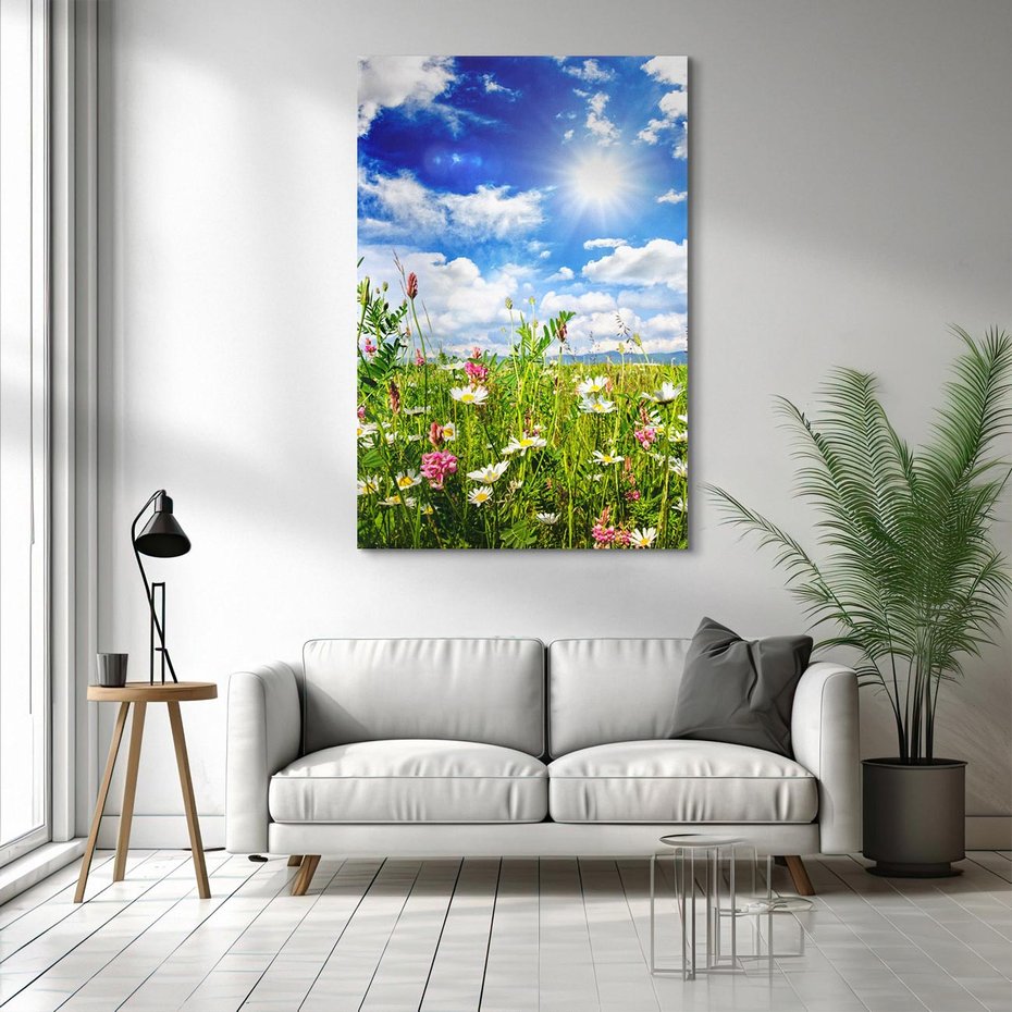 Obraz na płótnie 80x120 - Niebiańska łąka pełna kwiatów - łąka, niebo