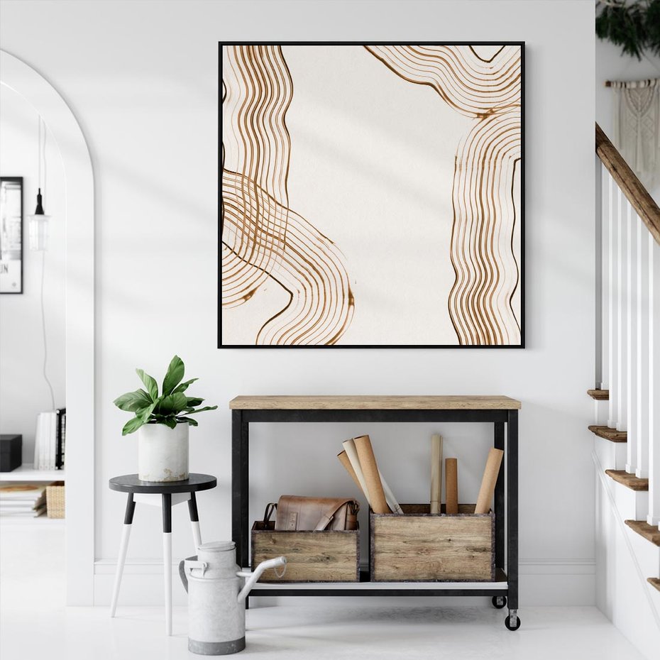 Obraz w ramie 50x50 - Ścieżki pędzla i myśli - minimalistyczna kompozycja, abstrakcyjne brązowe linie na białym tle - rama czarna