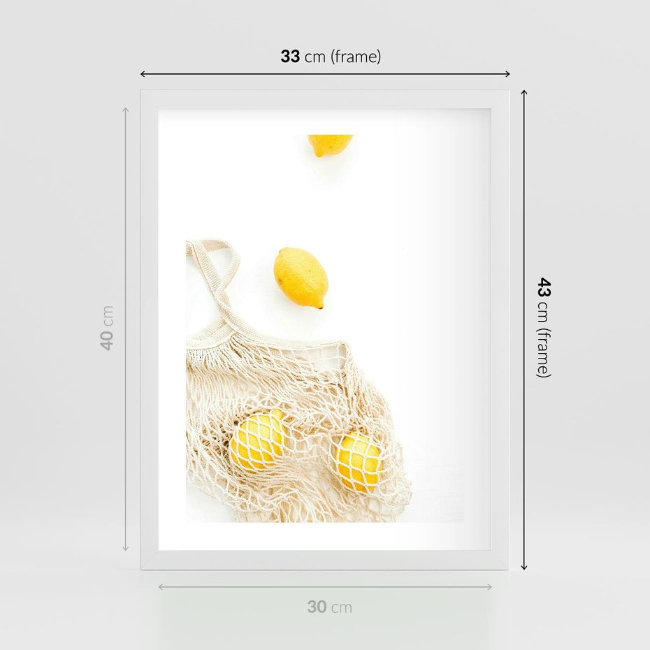 Plakat w ramie 30x40 - Cytrynowa Siatka - cytryny, materiałowa siatka - rama biała