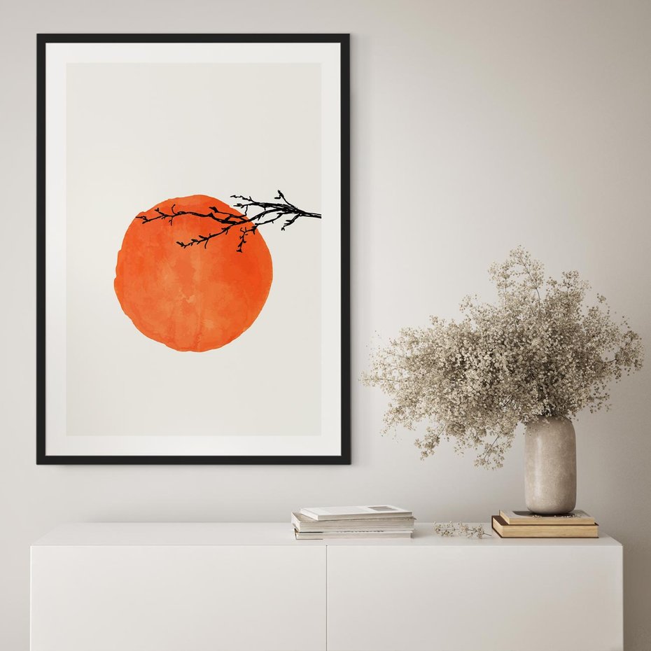 Plakat bez ramy 30x40 - Słońce i Gałązka - pomarańczowe słońce, gałązka