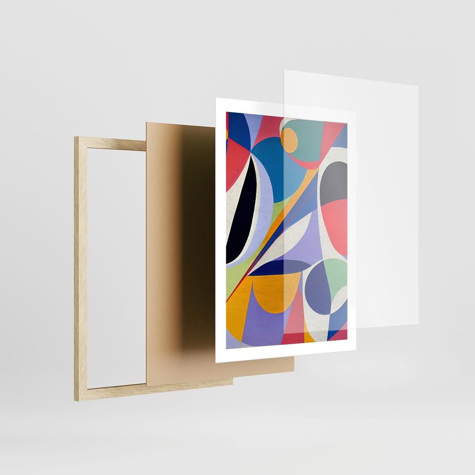 Plakat w ramie 50x70 - Kolorowe Przesunięcia Kształtów - abstrakcyjny obraz olejny, żywe kolory - rama drewno