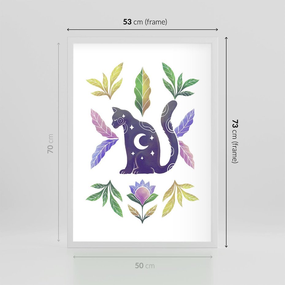Plakat w ramie 50x70 - Migotliwa Przestrzeń - boho kot, plakat - rama biała