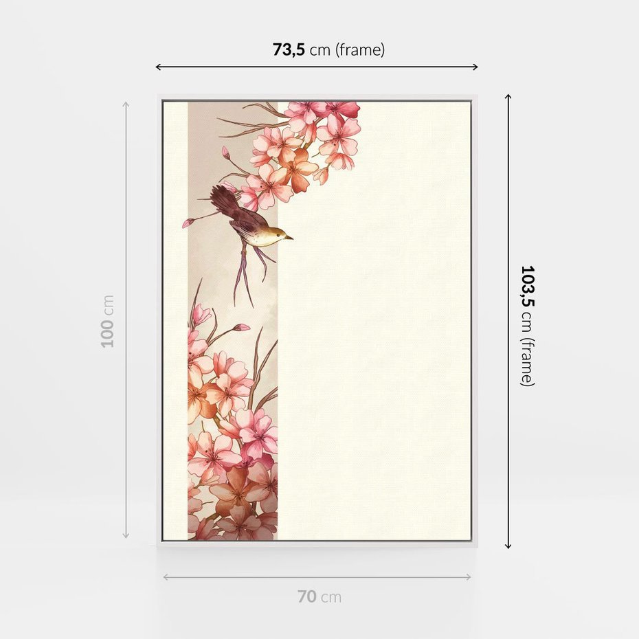 Obraz w ramie 70x100 - Rozkwitające Marzenia - japońska sztuka, ptak - rama biała