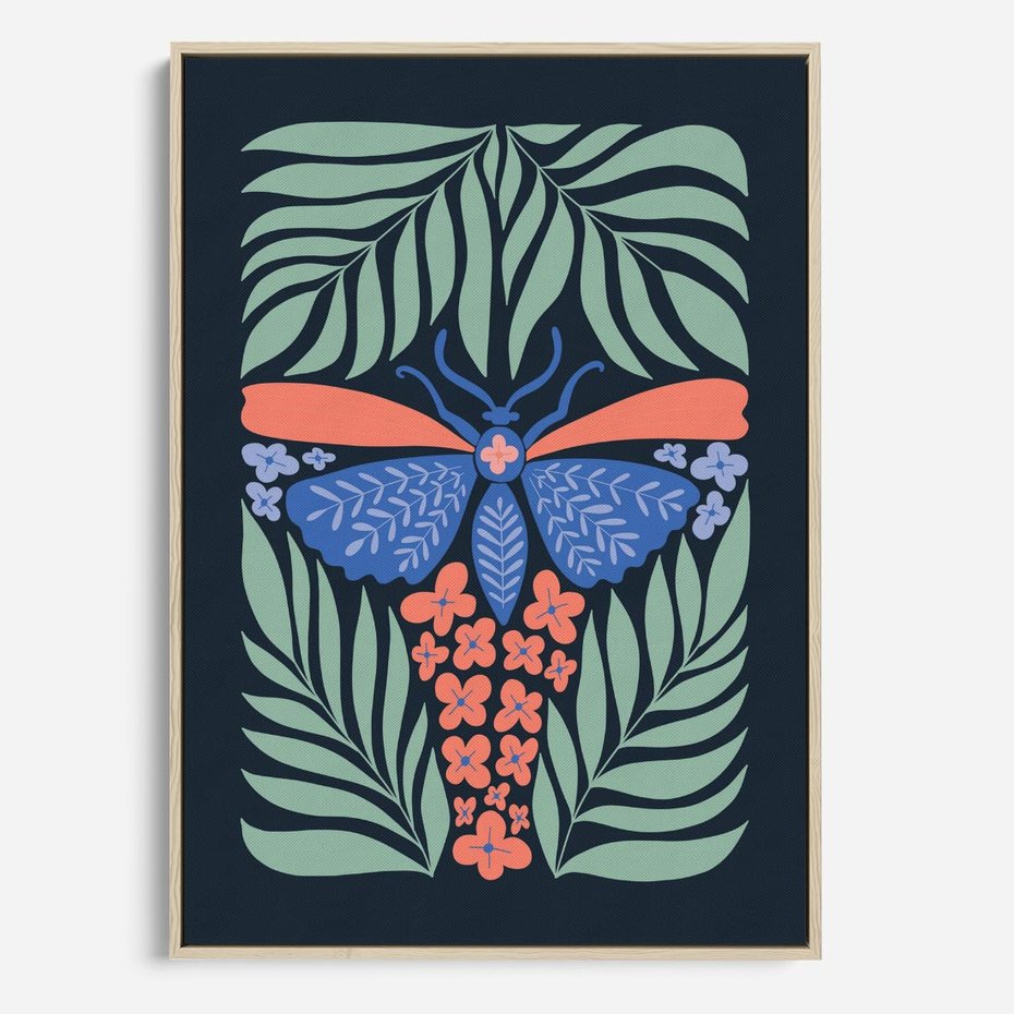 Obraz w ramie 80x120 - Granatowa Noc - granatowe tło, abstrajcyjna ćma - rama drewno