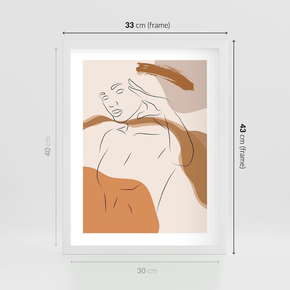 Plakat w ramie 30x40 - Sztuka Piękna w Beżach i Brązach - szkic jedną linią, naga kobieta - rama biała