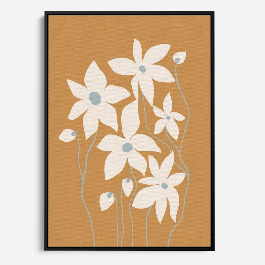 Obraz w ramie 50x70 - Kwiatowy Spektakl - minimalistyczne kwiaty, na pomarańczowym tle - rama czarna