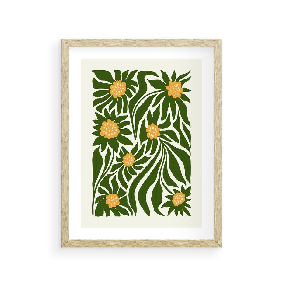 Plakat w ramie 30x40 - Spojrzenie wgłąb roślinnego świata - abstrakcyjne kwiaty, kompozycja - rama drewno