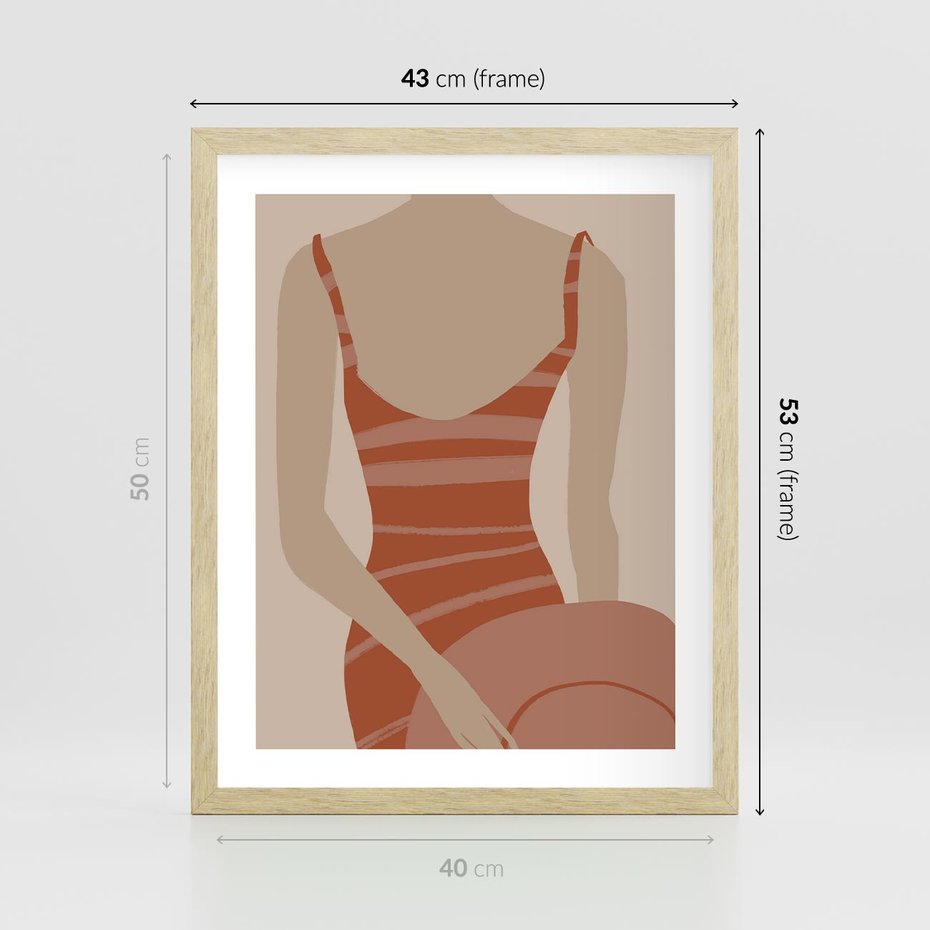 Plakat w ramie 40x50 - Kobiece Retro - minimalistyczny boho plakat, retro kobieta w stroju kąpielowym - rama drewno