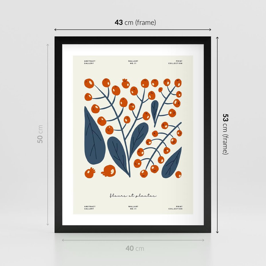 Plakat w ramie 40x50 - Minimalistyczna Uroda Jarzębin - jarzębiny, niebieskie liście - rama czarna