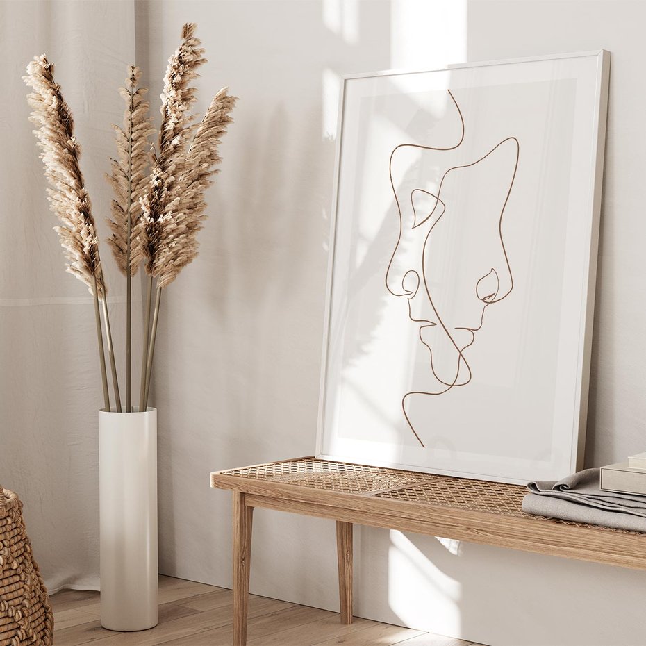 Plakat w ramie 30x40 - Jedna Linia, Dwie Twarze - minimalistyczny plakat, dwie twarze - rama biała