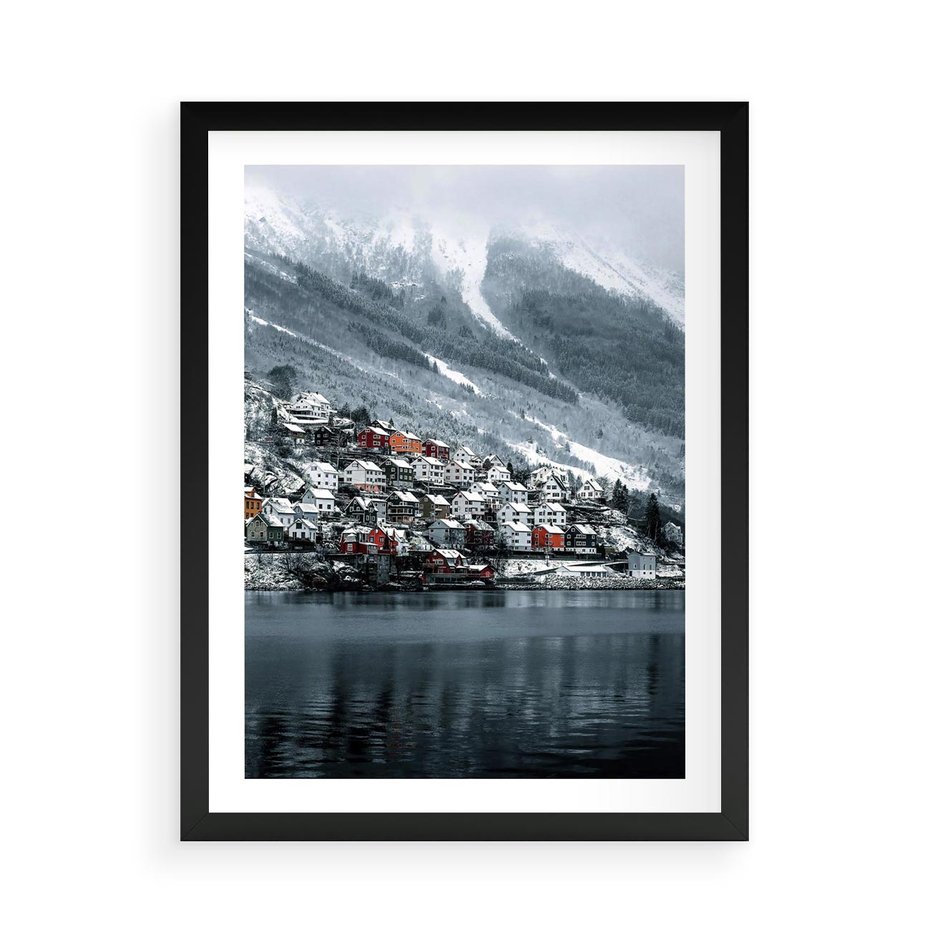 Plakat w ramie 50x70 - Skandynawia na Wzgórzach - domki na wzgórzu, skandynawia - rama czarna