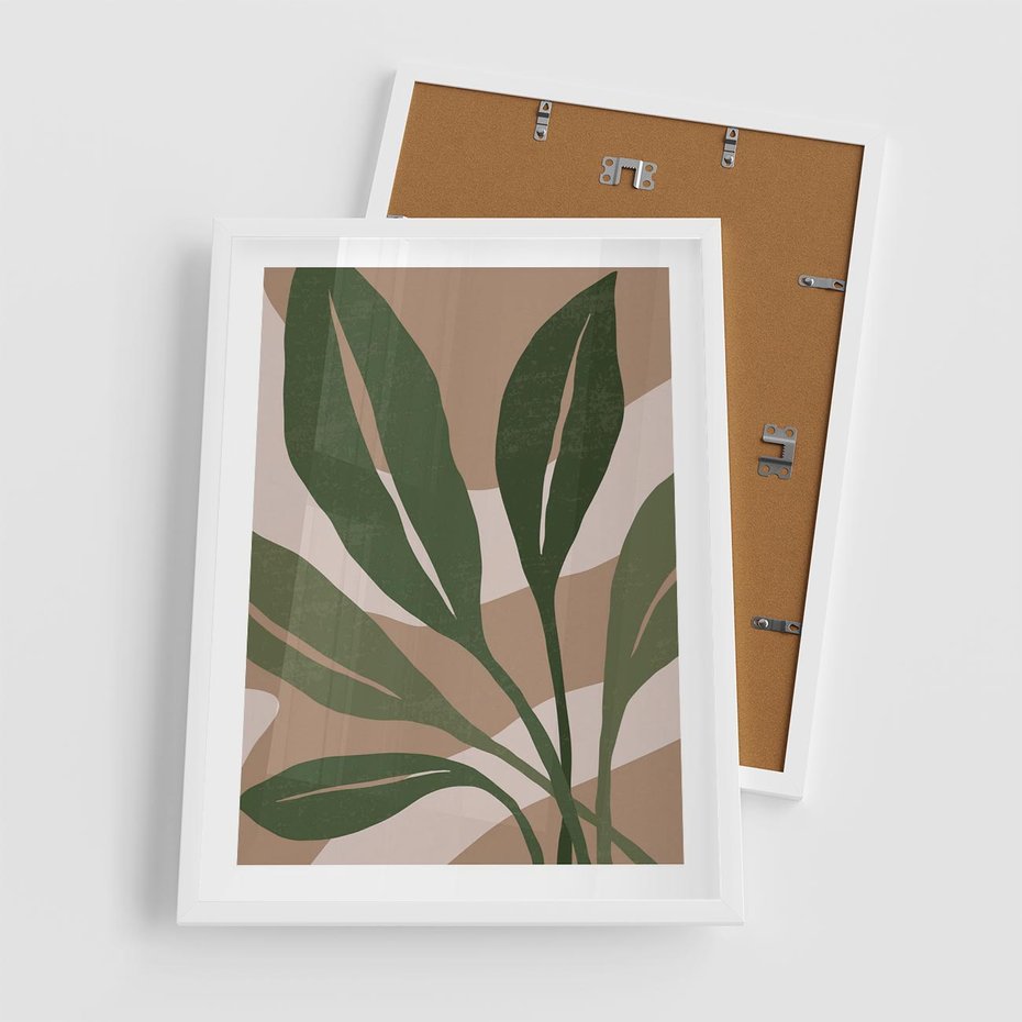 Plakat w ramie 50x70 - Nowoczesność Natury: Plakat z Zielonymi Liśćmi - nowoczesny plakat, beż - rama biała