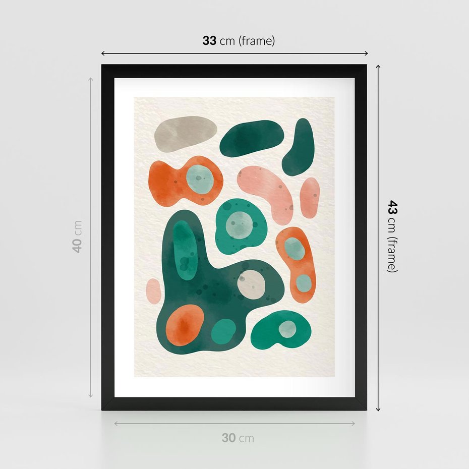 Plakat w ramie 30x40 - Kolorowe Przenikanie - przypadkowe abstrakcyjne plamy, pomarańczowy i zielony - rama czarna