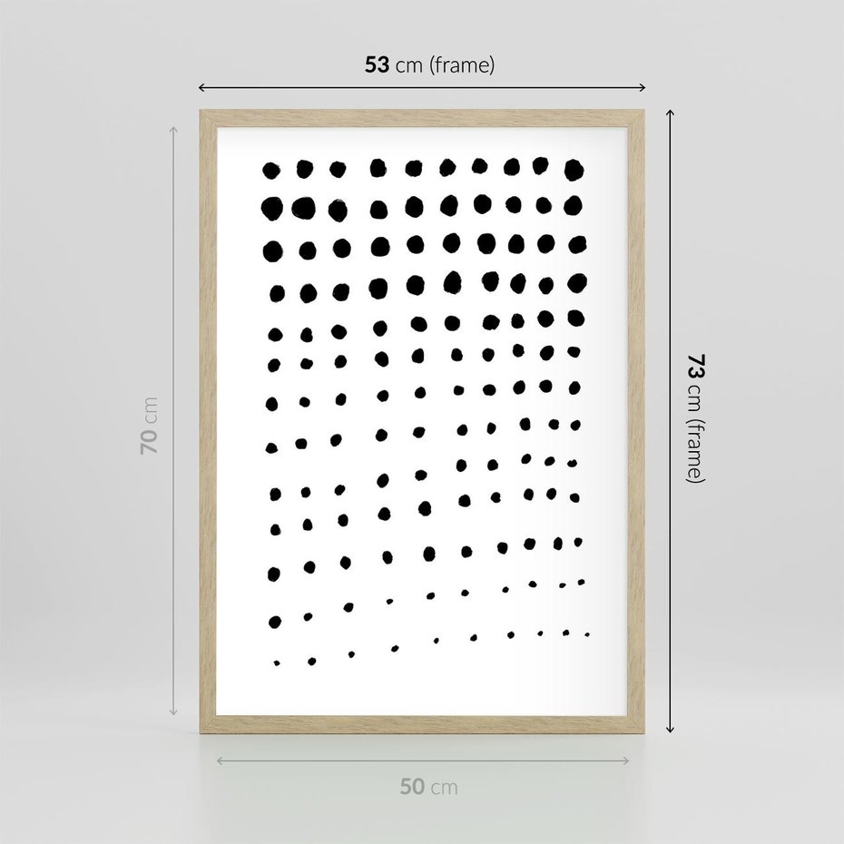 Plakat w ramie 50x70 - Abstrakcyjna Transformacja - abstrakcyjna kompozycja z czarnych kropek, minimalistyczny czarno bialy plakat - rama drewno